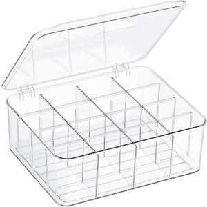 Sock Underwear Organizer, 16 Compartment Adjustable Dividers Tie Bras Socks Underwear Drawer Organizers for Closet, Clear Plastic Storage Containers Box with Lids for Bra Ties Scarf Socks