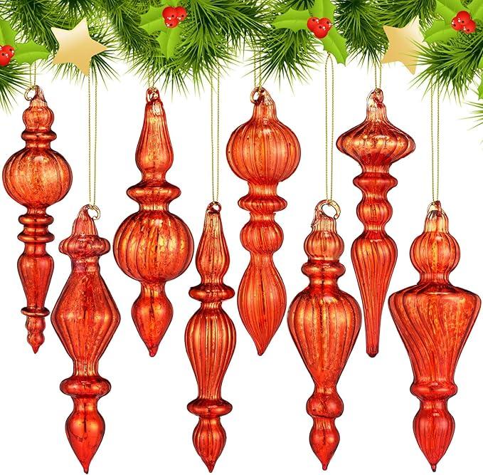 Mifoci 8 Pcs 6 Inch Mercury Glass Finial Christmas Ornaments Hanging Christmas Finials Glass Ornaments Assorted Mercury Decor for Vintage Holiday Xmas Tree Decoration , Copper Orange 