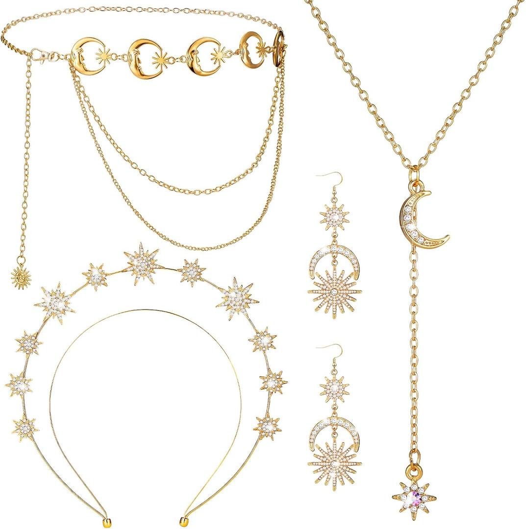 Glenmal 4 Pieces Halo Crown Moon Stars Necklaces and Body Chain Halo Tiaras Headband Headpiece Drop Earrings for Women (Gold)