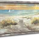 Beach Wall Art for Living Room: Coastal Artwork Walls Framed Hand Painted Heavy Texture Pathway Painting on Seaside Picture Wooden Home(48x24)