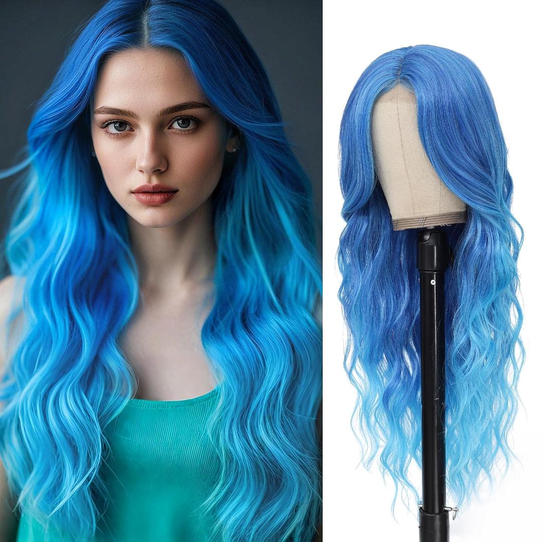 Long Blue Wavy Wig Middle Part for Women 26 Inch Ombre Blue Curly Wavy Wig Natural Looking Synthetic Heat Resistant Fiber Wig for Daily Party Use