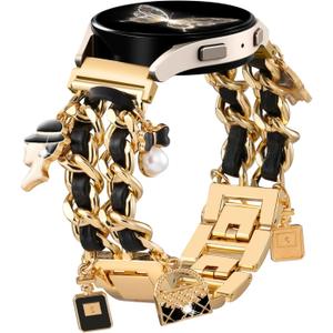 Stylish Metal Band Compatible with Samsung Galaxy Watch 7 Band/FE 6 5 4 40mm 44mm,Galaxy Active 2, 20mm Watch Strap Pretty Chain with Cute Decorative Charms Accessories for Samsung Watch Bands Women