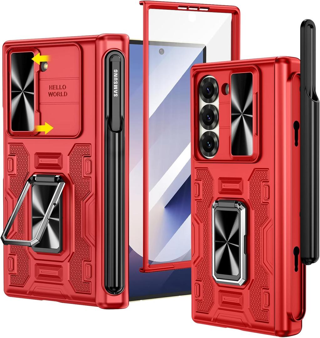 VEGO for Z Fold 6 Case with S Pen Holder, with [Hinge Protection][360-degree Rotating Kickstand][Slide Camera Cover][Front HD Screen Protector] Protective Cover for Samsung Galaxy Z Fold6 - Red