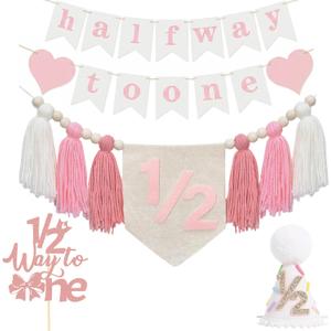 Baby First Birthday Party Decorations First Highchair Banner For Baby Boys Blue High Chair Banner Crown Cake Topper Baby Photo Banner 1st Birthday Photo Backdrop (1/2 Pink)