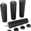 4 Pack 6 Inch Black Plastic Furniture Legs - Round Tapered Sofa/Couch/Chair Legs with M8 T-Nuts & Plate Nuts - Replacement Feet for DIY Projects, Coffee Tables, Dressers, Beds, 6 inches x 1.9 inches