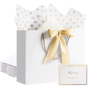 PASEOTA 12.6" Gift Bags Medium Size Set of 10 - Includes Tissue Paper, Cards & Ribbons, Luxury Gift Bags with Handles for Eid Wedding Birthday (12.6" x 9.8" x 4.3", White)