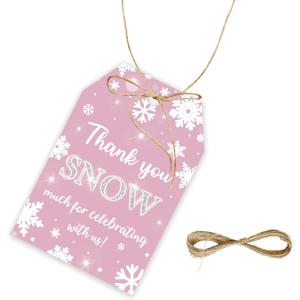 50pcs Snowflake Thank You Tags, Winter Onederland Gift Tag with String for Christmas Party, Pink Snowflake Thank You Paper Tags for Holiday/Winter Party Favors