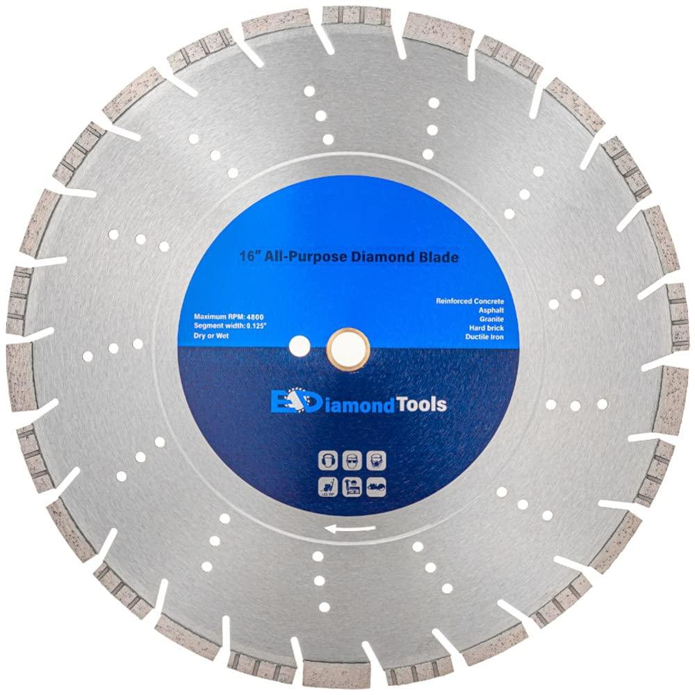 16" All Purpose Diamond Saw Blades for Hard/Reinforced Concrete, Asphalt, Granite, Terrazzo, Ductile Iron Piping, 5-5/8" Cutting Depth, 1" Arbor
