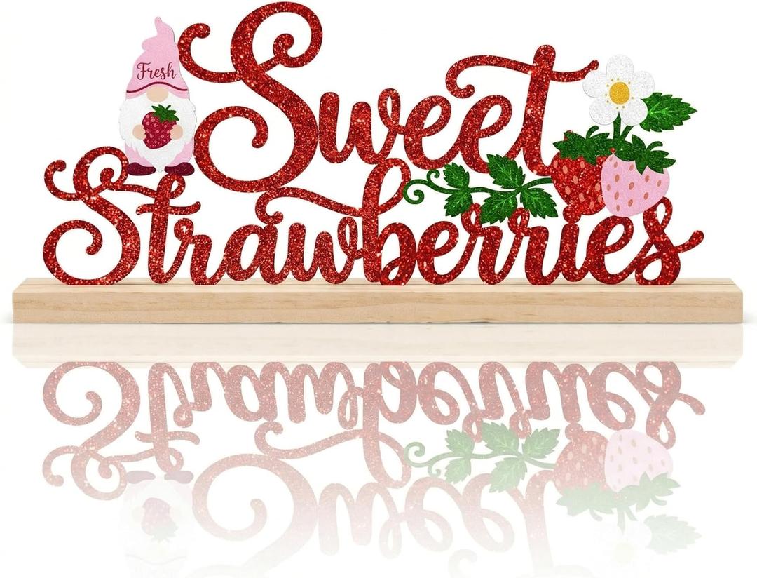 Sweet Strawberries Summer Table Decorations Red Strawberries Metal Table Sign with Wooden Base Cute Summer Tiered Tray Decor Strawberry Tabletop Centerpiece for Kitchen Home Party Centerpieces