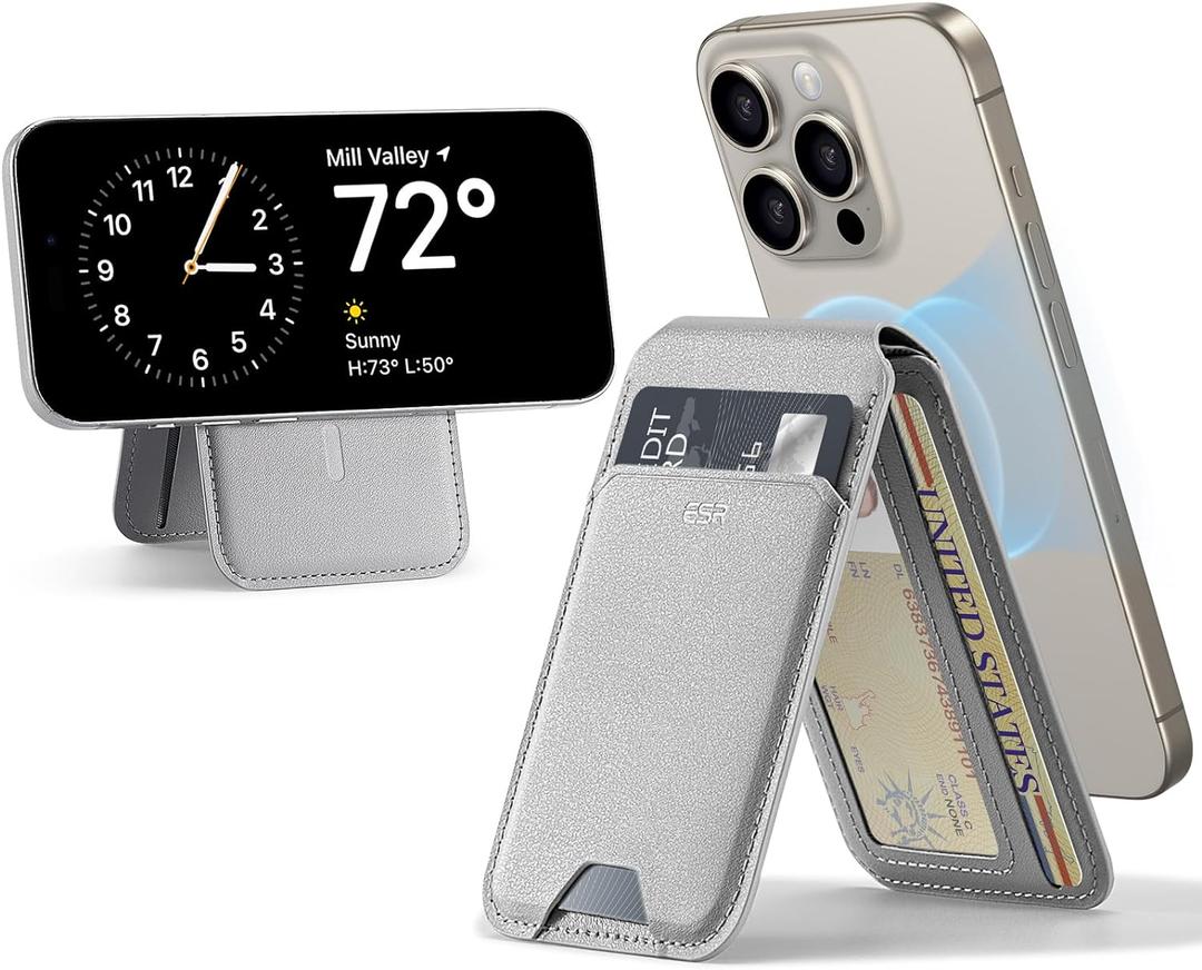 ESR Magnetic Wallet, Compatible with MagSafe Wallet with Adjustable Stand, for iPhone 17e/17/16/15/14/13/12 Series, Not for iPhone 13/12 mini, 3 Card Holder, Vegan Leather, Grey