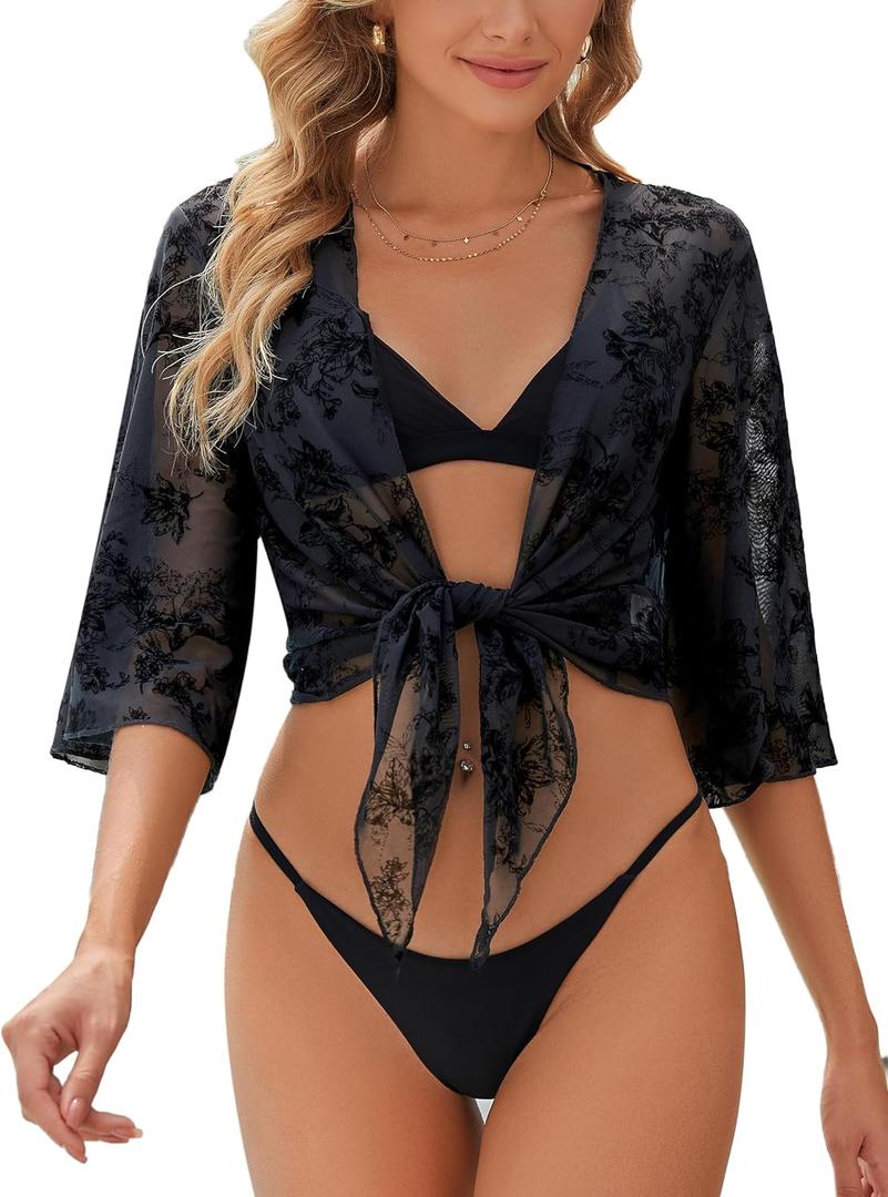 Totatuit Womens Sheer Shrug Tie Front Bell Sleeve Summer Cropped Bolero Cardigan (Large, Flocked Black)