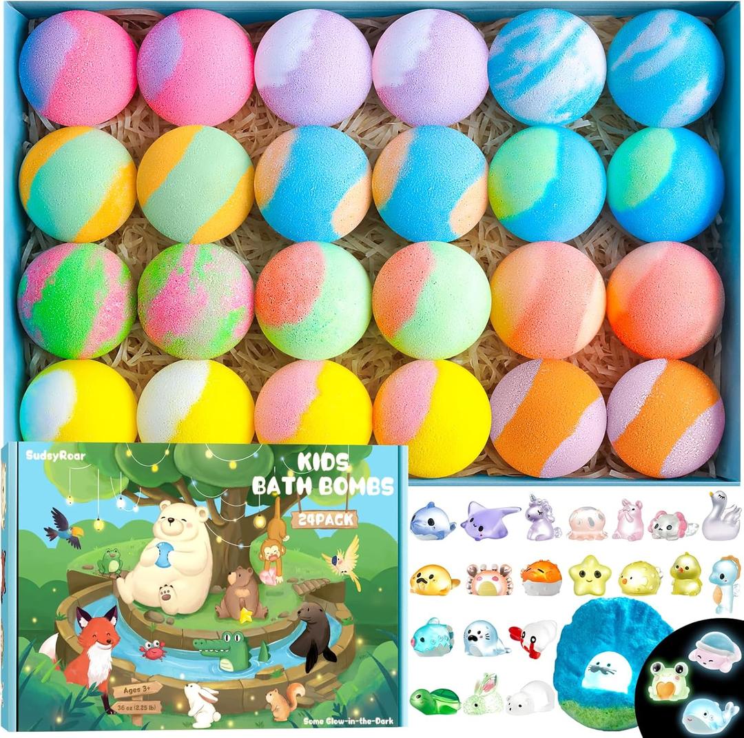 Bath Bombs for Kids with Surprise Inside  24 Pack Handmade Bath Bombs with Glow-in-the-Dark Land & Sea Toys, Fizzy Bath Salt Balls, Birthday Party Favors for Boys and Girls