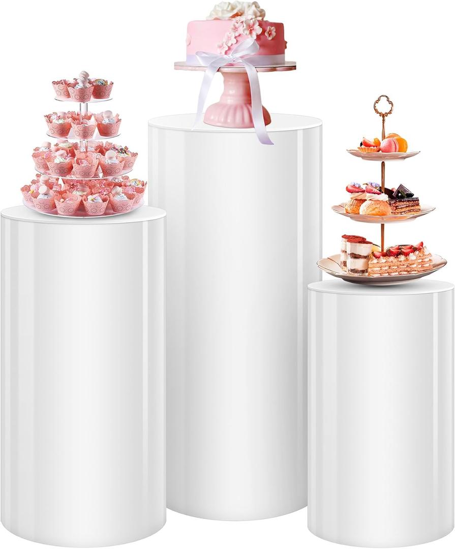 Sef of 3 White Cylinder Cake Pedestal Stands Cover