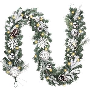 Valery Madelyn 9 Feet Pre-Lit Christmas Garland with Lights for Mantle, Lighted Outdoor Xmas Garland with Silvery White Ball Pinecones for Home Stairs Fireplace Table Centerpiece Indoor Holiday Decor