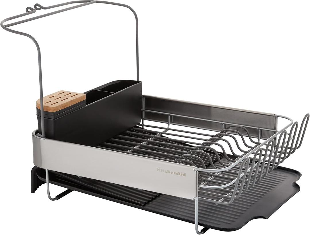 KitchenAid Full Size, Rust Resistant Expandable Dish Rack with Angled Self Draining Drainboard, 24-Inch, Black