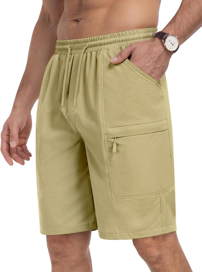 Men's Hiking Cargo Shorts Lightweight Quick Dry Athletic Stretch Shorts for Outdoor Active Zipper Pockets (L)