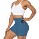 Sunzel No Front Seam Biker Shorts for Women with Pockets, Yoga Workout Gym Bike Shorts with Tummy Control 5" Inseam Blue Gray Small