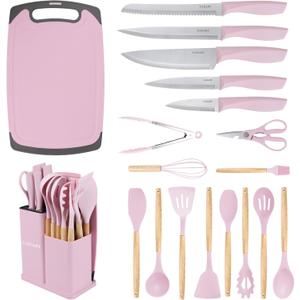 CADABY 19 PCS Kitchen Cooking Utensils Set, 11 Pieces Silicone Cooking Utensils Set 6 Pieces Sharp Stainless Steel Pink Knife Set with 1 Piece Cutting Board, Ideal for Apartment