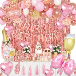 Ouddy Life Rose Gold Birthday Decorations for Women Girls, Happy Birthday Champagne Bottle Crown Heart Bow Foil Confetti Balloons Fringe Curtains Paper Tassel for 16th 18th 21st 24th Birthday Decor
