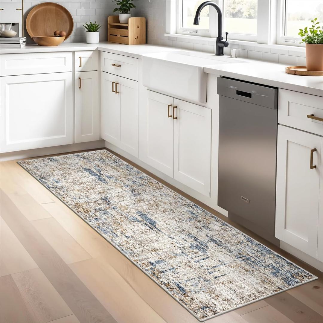 2x5 Non-Slip Washable Runner Rug  Modern Neutral Abstract Small Rug for Hallway, Kitchen, Bathroom, Bedroom, Entryway, Laundry Room  Thin Soft Low-Pile Rubber BackingBlue Brown
