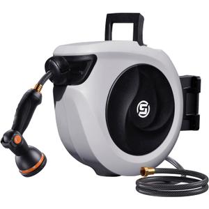 SUNPOW Retractable Garden Hose Reel 1/2 Inch x 33ft - Wall Mounted Hose Reel with 3/4 Inch Brass Fittings & 10-Pattern Nozzle - Auto Rewind System, Any Length Lock, 180 Swivel Bracket