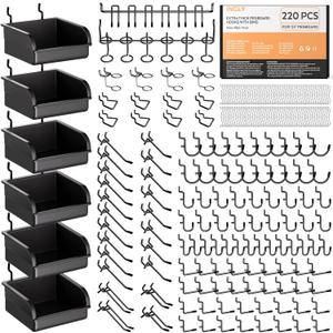 INCLY 220PCS Extra Thick 1/4" Pegboard Accessories Organizer Kit, Heavy Duty Black Pegboard Hooks with Bins and Peg Lock, Peg Board Hooks Assortment for Garage Wall Attachments Hanging Tools