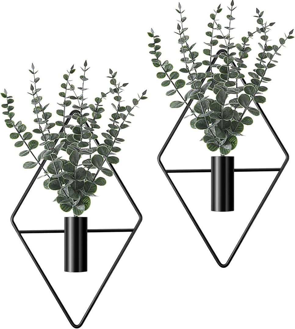 Jexine 4 Pcs Hanging Planters with Artificial Eucalyptus Metal Hanging Vase Indoor Plants Holder Modern Geometric Boho Bathroom Wall Decor for Living Room Home Office (Black)