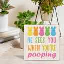 Funny Easter Bathroom Decor, Easter Decorations for Home, He Sees You When You're Pooping Wood Sign Home Bathroom Shower Room Restroom Toilet Desk Shelf Table Decor 5 X 5 Inch