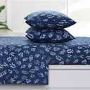 Tribeca Living Eva Floral Flannel King Sheet Set, Super Soft 100% Cotton, Extra Deep Pockets, Dark Blue