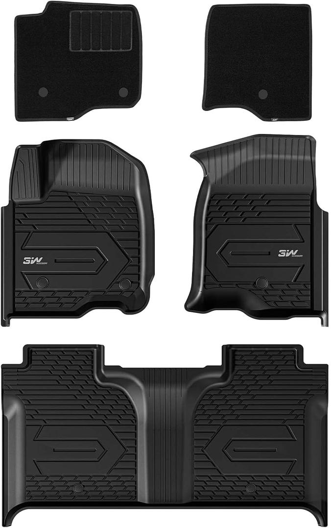 3W Floor Mats & Front Carpet Fit for 2019-2025 2026 Chevy Silverado/GMC Sierra Denali 1500 & 2020-2026 GMC Sierra 2500HD/3500HD Crew Cab, TPE All Weather Accessories 2 Rows Full Set Car Mats