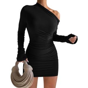 GOBLES Women's Sexy Off The Shoulder Slope Neck Long Sleeve Ruched Bodycon Mini Club Dress (Black)