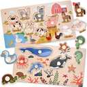 Wooden Peg Puzzles for Toddlers 1-3, 2 Pcs Montessori Puzzles, Animal & Sea Themes Puzzles, Great Preschool Educational Learning Gifts for Girls and Boys