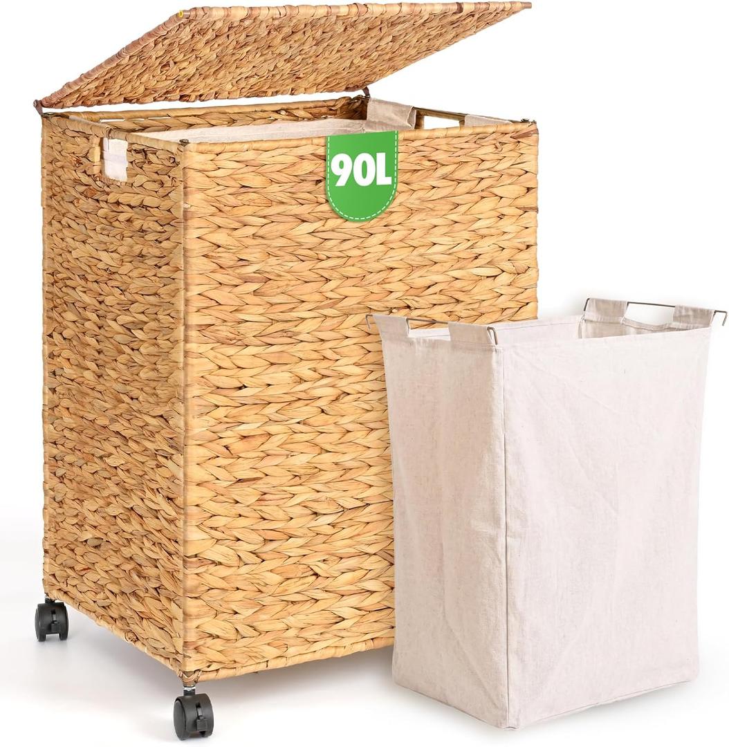 Livole Wicker Laundry Hamper with Lid & Wheel, 23.8 Gallon (90 L) Handwoven Water Hyacinth Laundry Basket with Removable Liner & Handles, Sturdy Steel Frame for Bedroom Bathroom Laundry Room Natural