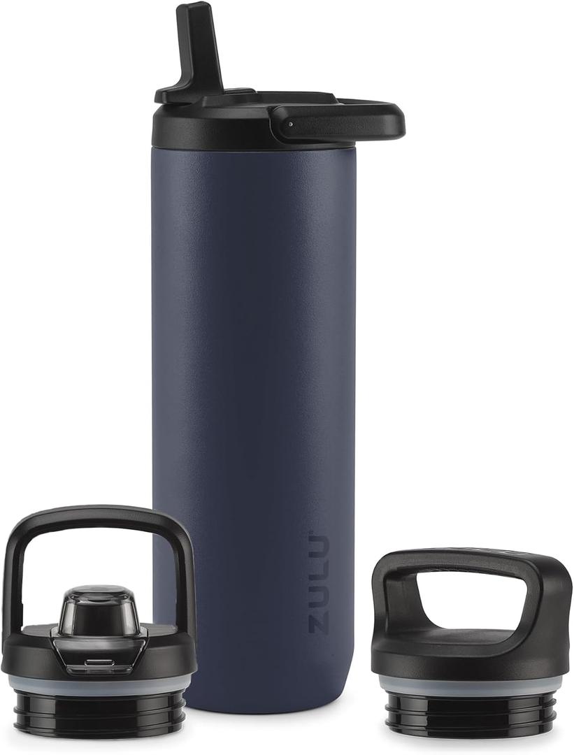ZULU Base 24oz Stainless Steel Water Bottle with 3 Lids- Straw, Chug, Twist | Double Walled and Vacuum Insulated Metal Thermos | Fits Car Cupholder, Built in Carry Loop, Dishwasher Safe, Navy