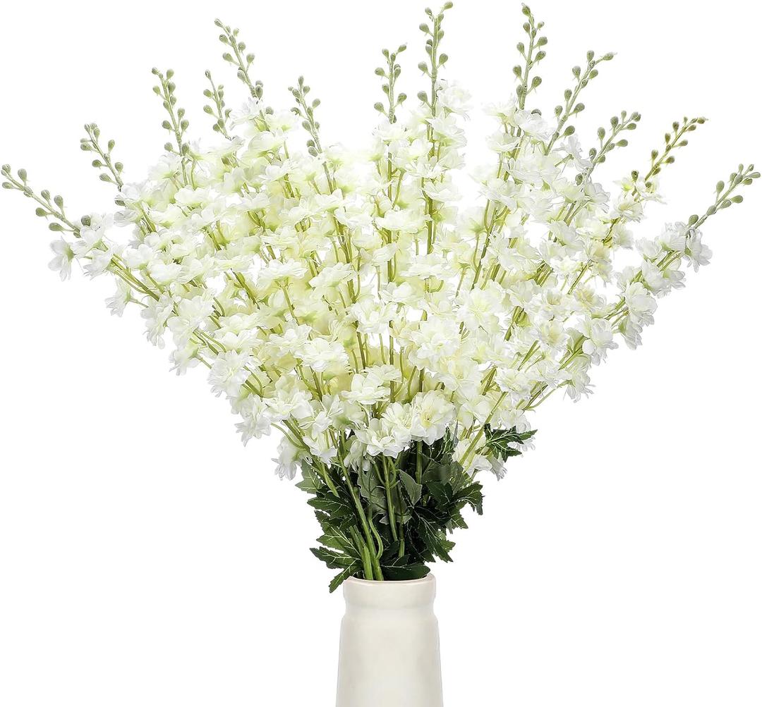 Thiccywoov 12 Pcs Delphinium Artificial Flowers, 33.5'' Long Stem Lifelike Faux Silk Flower Fake Look Real Bouquet for Tall Vase DIY Wedding Party Home Kitchen Arrangement Decor(White)