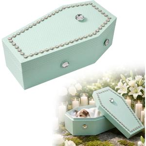cradle to grave Pet Casket and Coffin for Dogs and Cats, Biodegradable Burial Box with Rhinestone, Complete Memorial Funeral Kit Includes Hair Keepsake Bottle, Scissors & Feather Pad, Mint Green