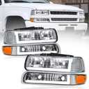 LED DRL Headlights Assembly for 1999-2002 Chevy Silverado 1500 2500 1500HD 2500HD 3500/2000-2006 Tahoe Suburban 1500 2500 Replacements Headlamp Amber Reflector Chrome Housing