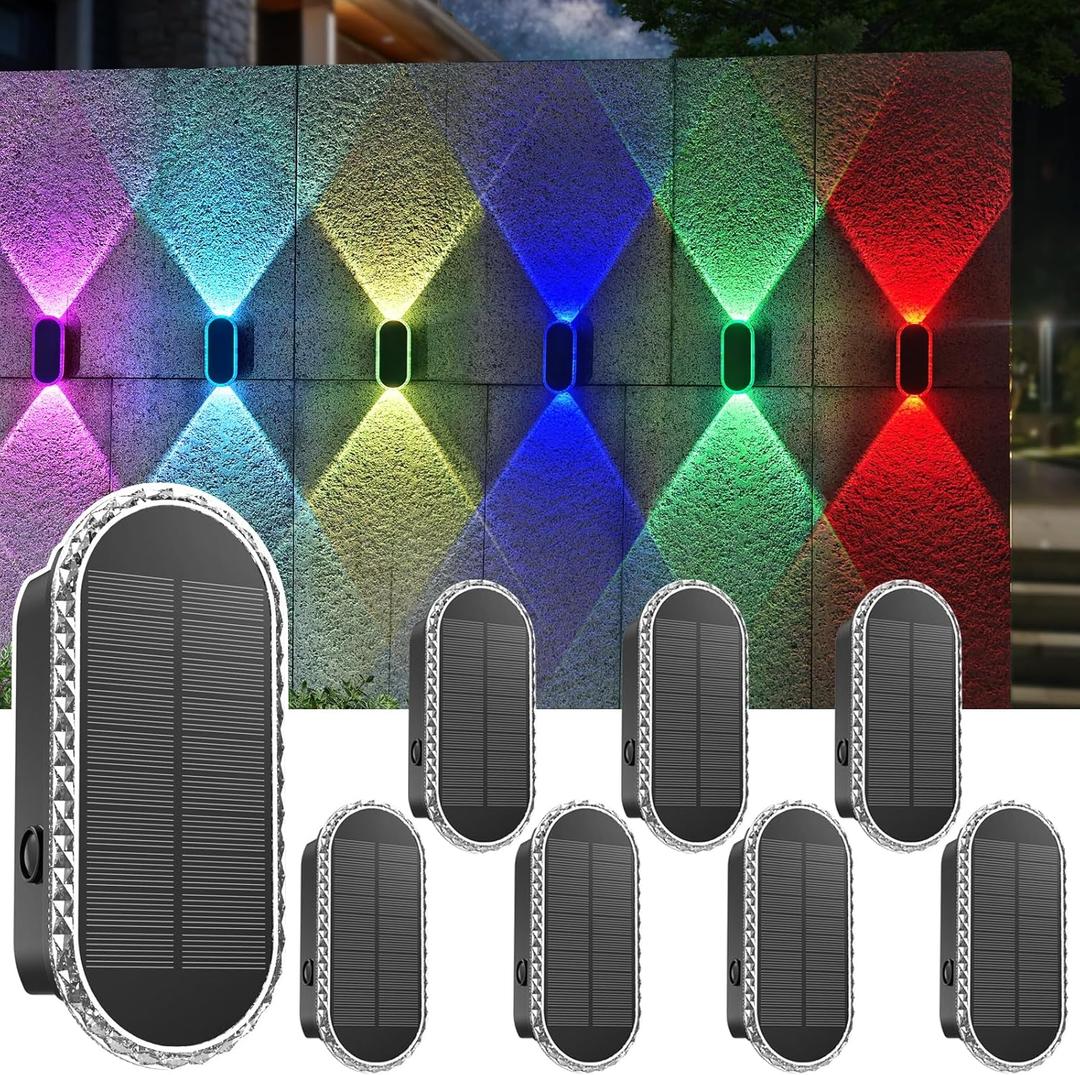 8PK Solar Fence Lights Outdoor - Solar Outdoor Light Warm White & RGB Lights for Outside Backyard, Patio, Deck Fence, Stair Handrail, Pool and Wall (3000K/Color Changing)