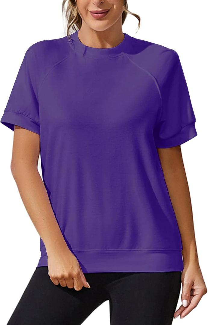 Sweatshirts for Women Crewneck Short Sleeve Shirts Summer Casual Pullover Blouses(Purple, S)
