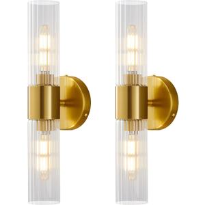 Wall Sconces Set of Two, Bathroom Light Fixtures 2-Light, Modern Vanity Light for Bathroom, Wall Light with Glass Rods Shades for Mirror Bedroom Hallway (Brushed Brass)