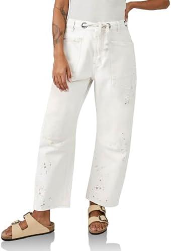 Cicy Bell Womens Baggy Barrel Horseshoe Jeans Wide Leg Drawstring Vintage Denim Pants with Front Pockets S Size.