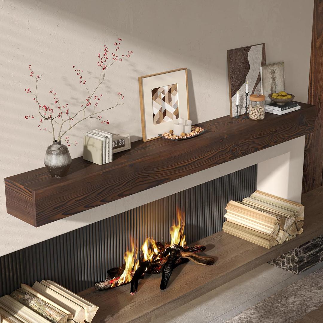 Fun Memories 72" Fireplace Mantel, 5" Thick Wall Mounted Shelves for Over Fireplace, Solid Wood Farmhouse Long Floating Shelves, Handcrafted Wooden Fireplace Mantle, 72" x 8" x 5" - Dark Brown (American Walnut Finish)