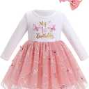 IBTOM CASTLE First Birthday Outfit Baby Girl Long Sleeve Embroidered Tutu Princess Dress and Headband Cake Smash Outfit 9-12M