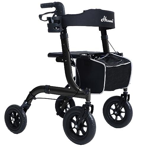 Henmnii Rollator Walker for Seniors, Lightweight Foldable All Terrain Rolling Walker with seat, Aluminum Walkers with 10 inch Rubber Wheels, Handles and Backrest for Seniors and Adult