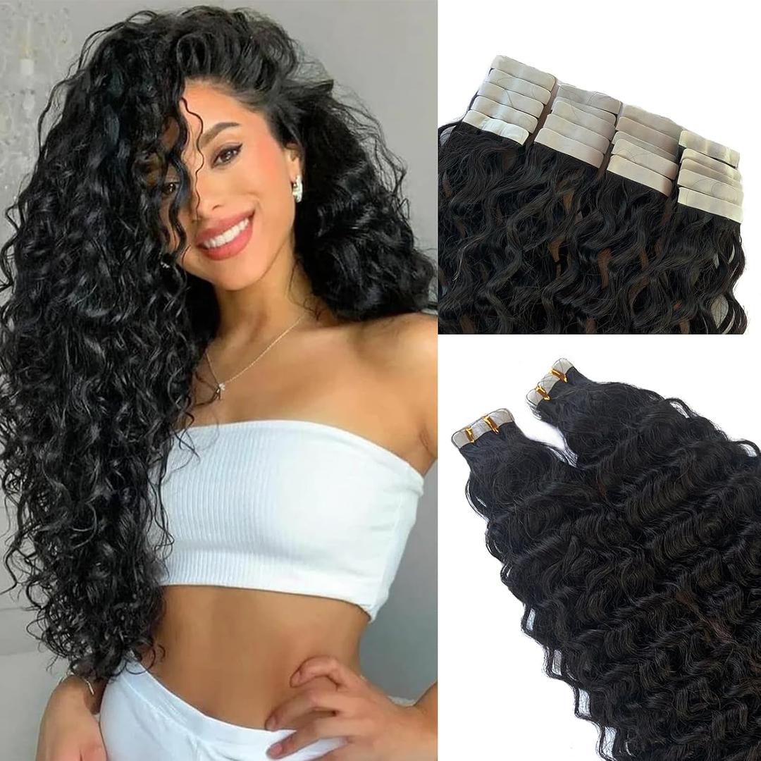 Tape in Water Wave Human Hair Extensions for Black Women 22Inch Natural Black Loose Curly 100% Real Human Hair Extensions Tape ins Double Sided Skin Weft 40PCS 100G/Set Color #1B