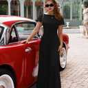 XXTAXN Women's Caual Fashion Crew Neck Short Sleeve Ruched Waist Backless Tie Wide Leg Long Pant One Piece Jumpsuit (Black, S)