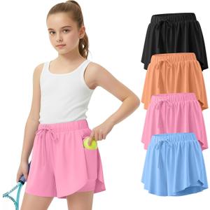 Didaey 4 Pack Girl's Athletic Flowy Shorts Kids Butterfly Short with Pockets 2 in 1 Drawstring Sports Skirts for 5-14 Years (Blue, Light Pink, Light Orange, Black)