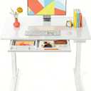 Marsail Glass Electric Standing Desk with Drawer, 40 x 24 Inches Height-Adjustable Desk, One-Piece Tempered Glass Top, Ergonomic Home Office Sit Stand Desk with 4 Preset Heights, White