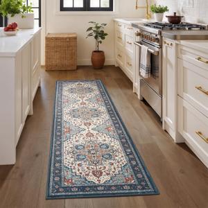 Rugflix 2x6 Runner Rug for Hallway, Washable Kitchen Runner Non Slip, Vintage Low Pile Entryway Carpet, Soft Stain Resistant Long Laundry Room Rug for Stairs, Bedroom, Blue Orange