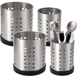 TOPZEA Set of 4 Kitchen Utensil Holder, Stainless Steel Cooking Utensil Organizer Kitchen Tools Flatware Holder Utensil Drying Cylinder Countertop Silverware Caddy
